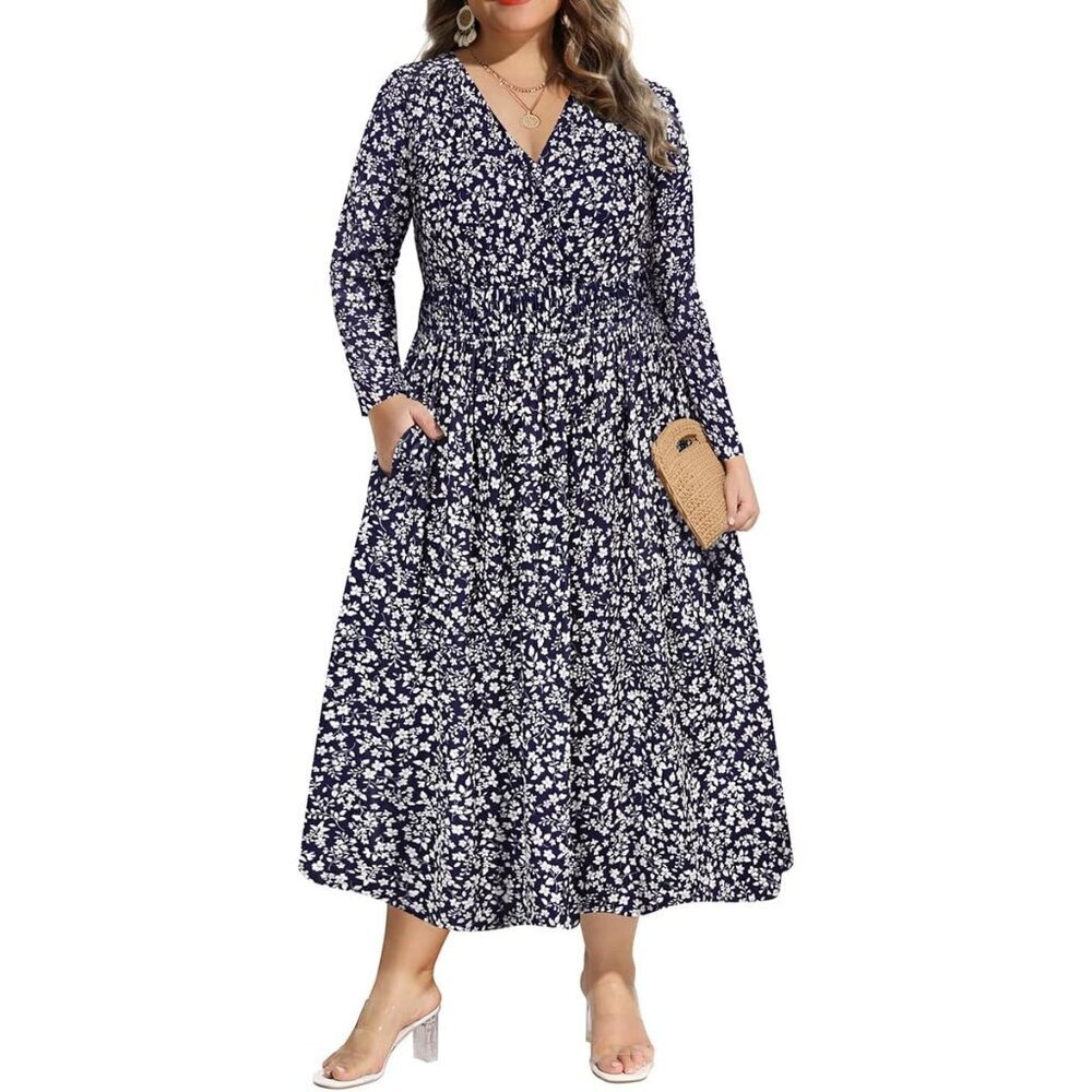 Plus Size Floral Maxi Dress V-Neck Long Sleeve Boho Fit & Flare